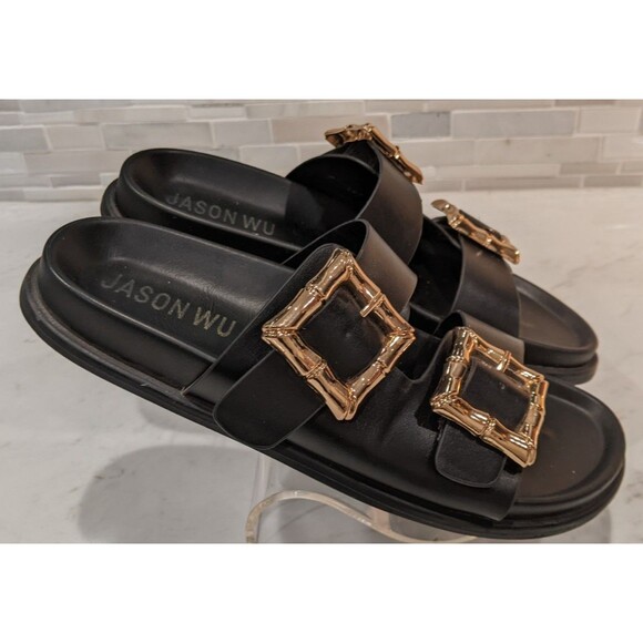 Women's JASON WU Marzan Luxe Black Leather Gold Buckles Slides Sandals 7.5 - Picture 2 of 11